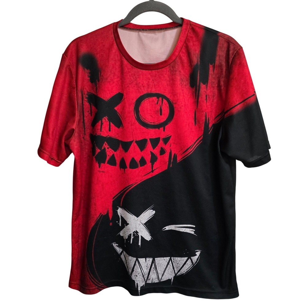 Red Black Graffiti Smiley Face Graphic T-Shirt Streetwear Tee L /0554